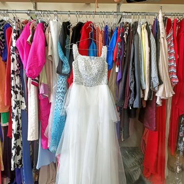Wedding dress with sequined bodice and soft tulle bottom.