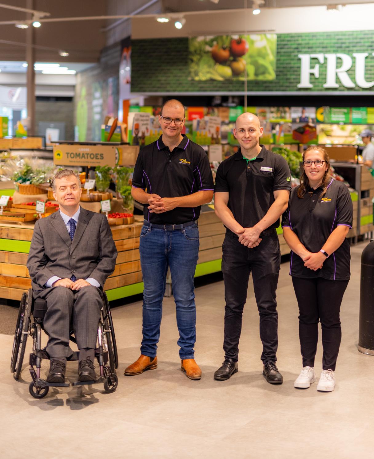 Disability Discrimination Commissioner Dr Ben Gauntlett, Good Sammy CEO Kane Blackman, Woolworths Subiaco Store Manager Arran Ashton and pilot project participant Kayla Barton.